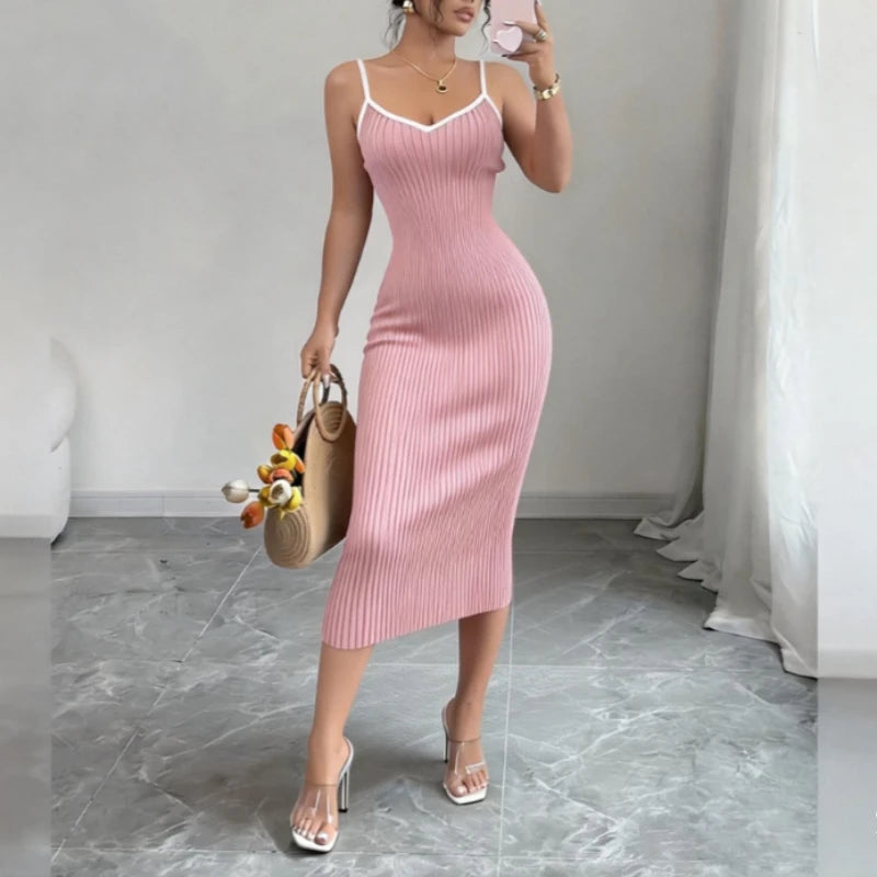 Knit Ribbed Midi Bodycon Dress For Summer — Pink | KIMLUD