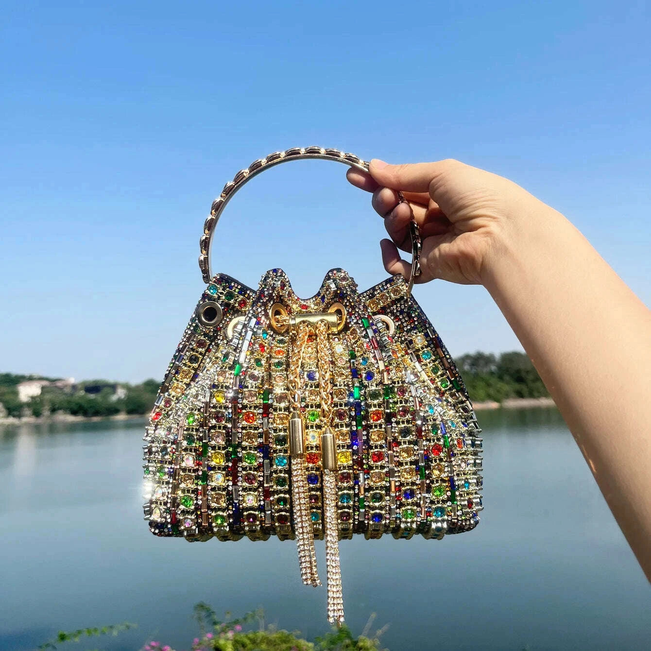KIMLUD, luxury Designer purses and handbags bags for women bucket clutch purse evening banquet bag Crystal rhinestone shoulder bag, KIMLUD Womens Clothes