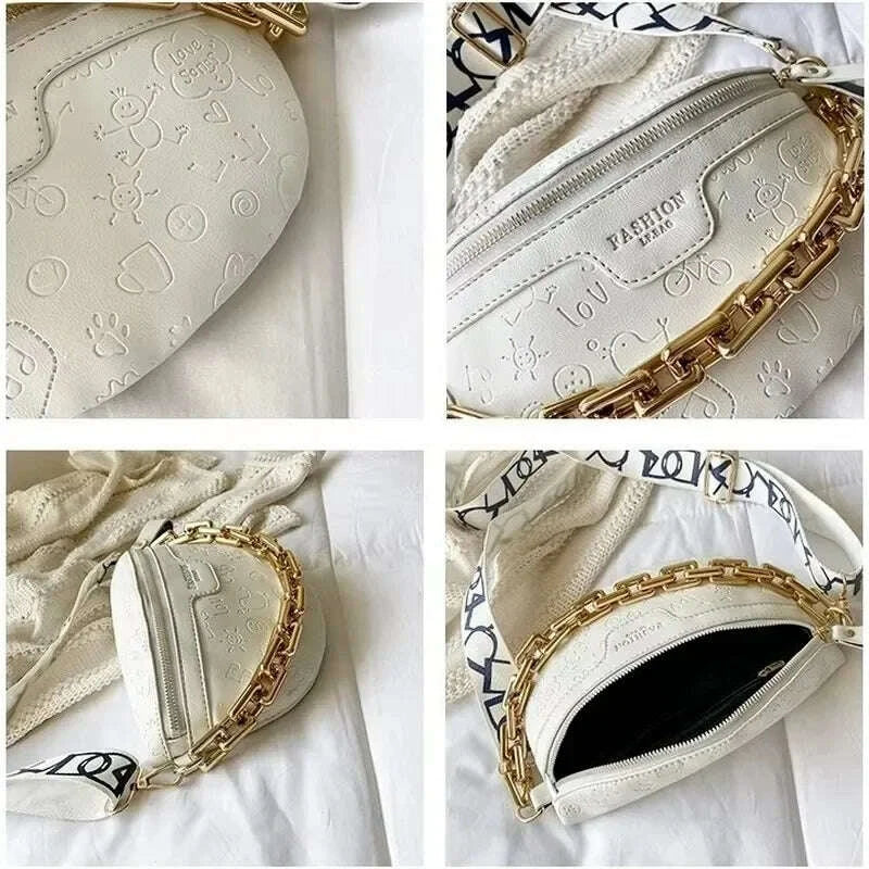 KIMLUD, Cartoon Pattern empaistic PU Leather Fanny Pack For Women Luxury Chain Waist Bag Female Cute Waist Pack Wide Strap Crossbody Bag, KIMLUD Womens Clothes