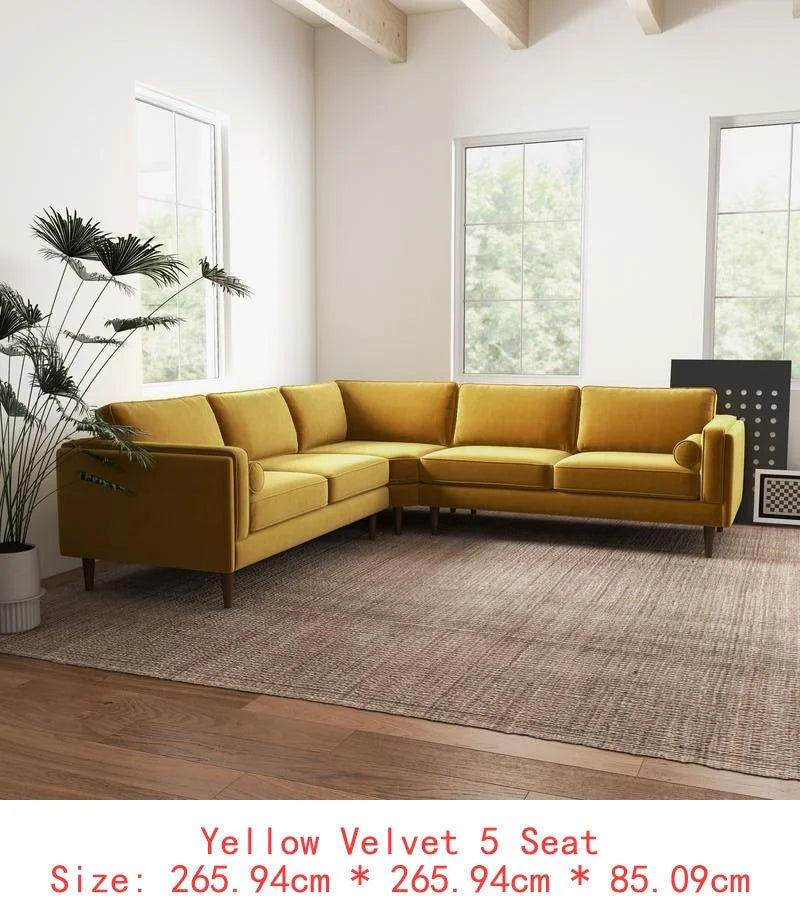 Velvet Corner Sectional Sofa S-Shaped Layout — Amber Yellow | KIMLUD