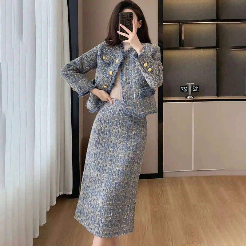KIMLUD, 2025 Spring Autumn New Tweed Suit Skirt Women's Fashion Loose Sweet Single-Breasted Casual Chic Jacket Two-Piece Sets, KIMLUD Womens Clothes