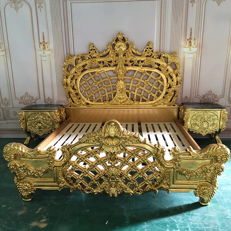 European Double Bed Ornate Upholstered Frame With Subtle Couture Detailing And Regal Silhouette — Antique Gold | KIMLUD