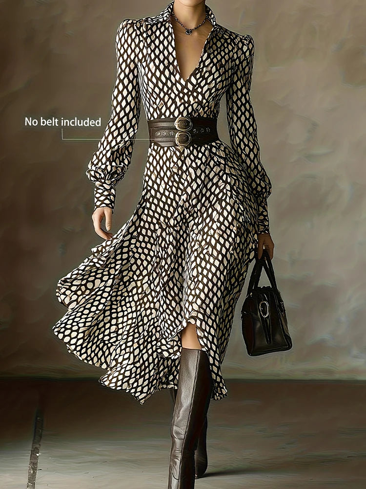 New V Neck Plaid Printed Chic Maxi Dress, Women Spring Autumn Long Sleeve Elegant Party Dress, 2026 Fashion Holiday Ladies Dress