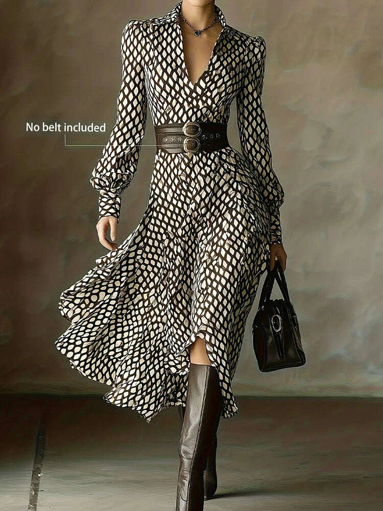 New V Neck Plaid Printed Chic Maxi Dress, Women Spring Autumn Long Sle New V Neck Plaid Printed Chic Maxi Dress, Women Spring Autumn Long Sle