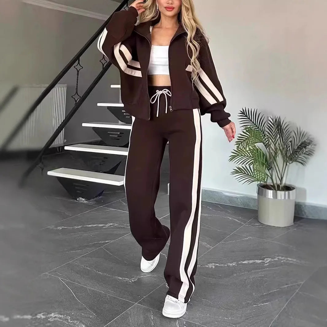 Laminated Striped Two-Piece Tracksuit Set — White | KIMLUD