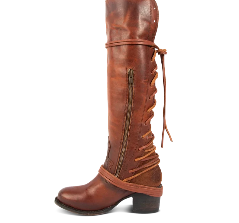 KIMLUD, Women's Cross Strap Red Brown Knee High Boots Luxury 2023 Leather Thick High Heel Zipper Pointed Toe Western Ladies Riding Boots, KIMLUD Womens Clothes