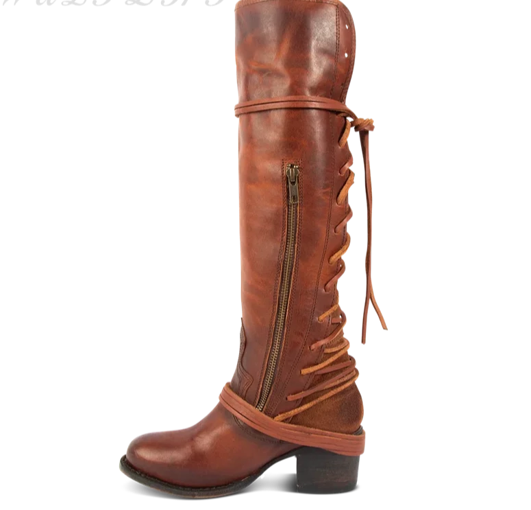 KIMLUD, Women's Cross Strap Red Brown Knee High Boots Luxury 2023 Leather Thick High Heel Zipper Pointed Toe Western Ladies Riding Boots, KIMLUD Womens Clothes