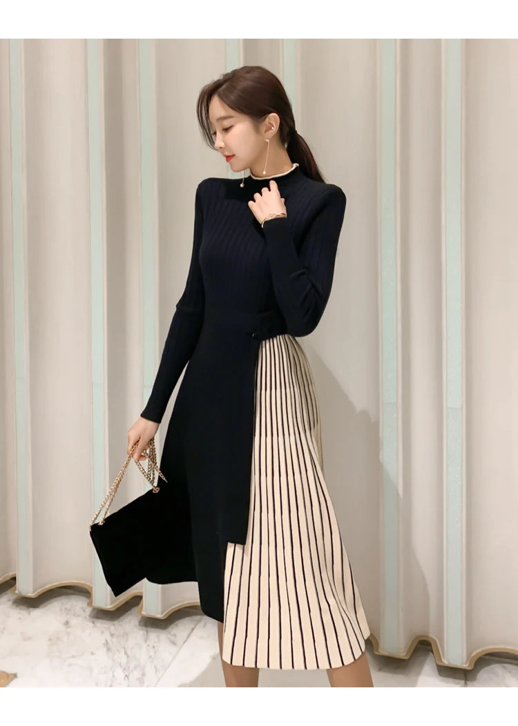 H Han Queen New Winter Elastic Knitted Dresses Women Color matching Lace-up Sweater Dress Fashion Slim Work Office Vestidos