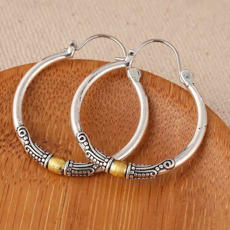 Hoop Earrings – Two-tone Textured Design – Copper Metal – Silver | KIMLUD