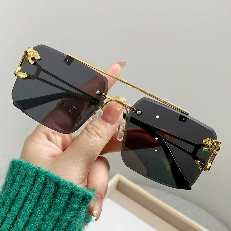 Rimless Square Sunglasses Gold-Tone Frame With Sculpted Hinges And Signature Shine — Black | KIMLUD
