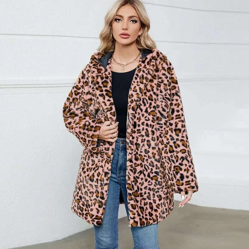 KIMLUD, ZXRYXGS 2025 New Fashion Autumn Winter Coats Loose Medium Length Jackets Leopard Print Imitation Fur Coat Women's Clothing Tide, KIMLUD Womens Clothes