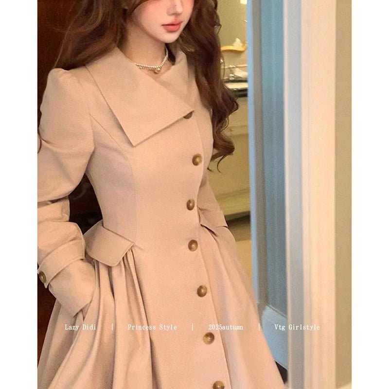 Polyester Trench Coat Waist-Defining Long Single Breasted — Beige | KIMLUD