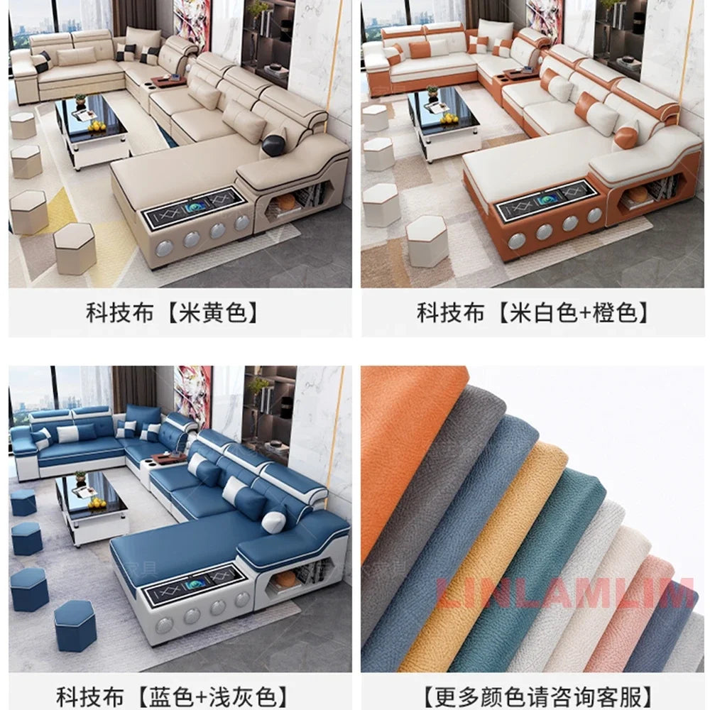Linlamlim Modern Scientific Fabric Sectional Sofa Set with Chaise Lounge, Bluetooth Speakers, USB Charging Ports for Living Room