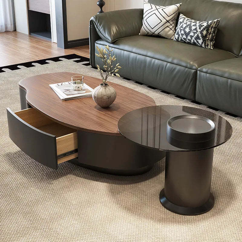 Solid Wood Minimalist Modern Coffee Table With Integrated Storage And Sculpted Edges — Walnut | KIMLUD