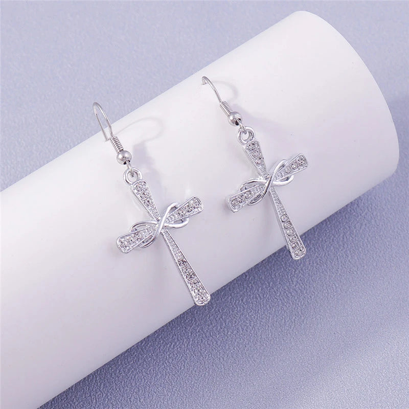 Silver-Tone Cross Earrings Zircon Crystal Dangle — Silver | KIMLUD