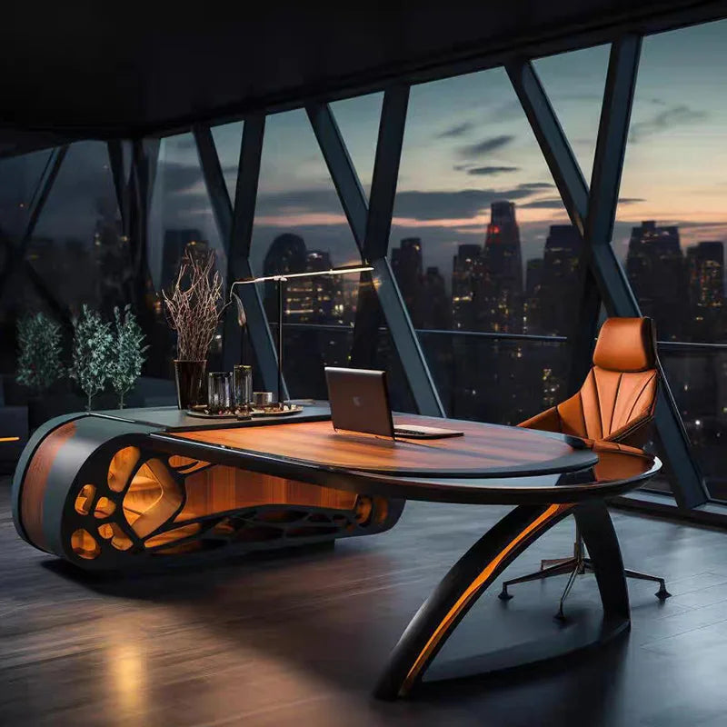 Modern office desk with a laptop and chair in a cityscape at night