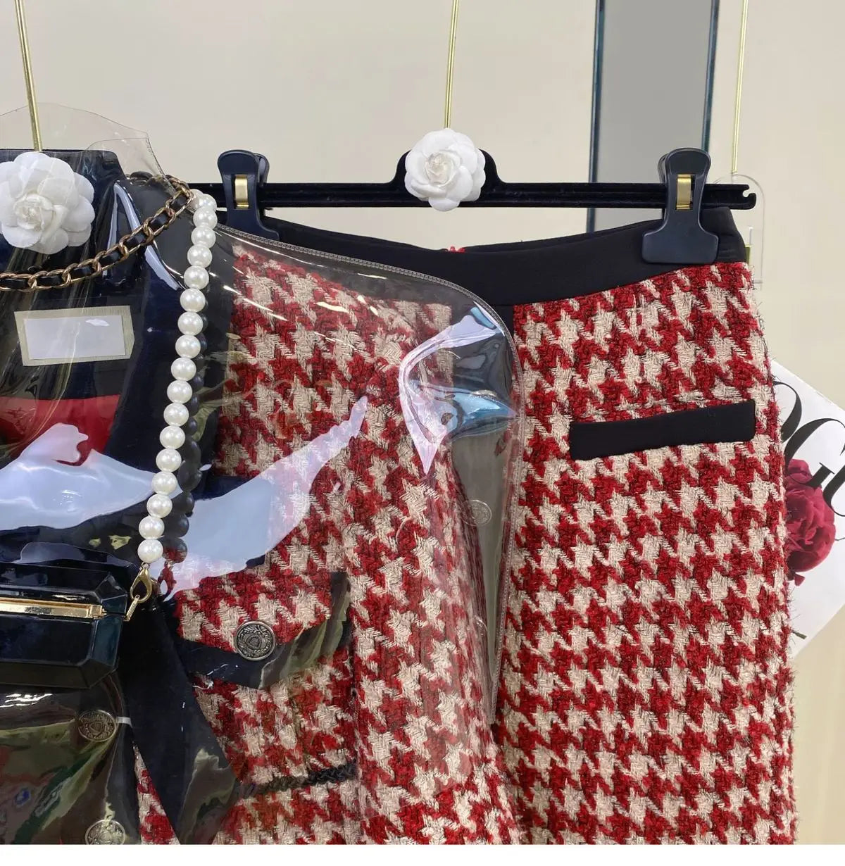 KIMLUD, Women Elegant Chic Vintage Tweed Fragrant Suit Jacke Coat Top And Skirt 2 Piece Set Outfit 2023 New Winter Jacquard Party Cloth, KIMLUD Womens Clothes