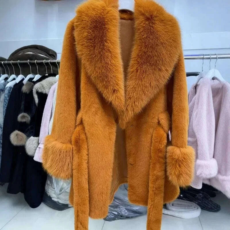 KIMLUD, Luxury Vintage Faux Fur Coat Women Fur Collar Long Sleeve with Belt Oversized Fur Jacket Warm Thick Winter Cardigan Lady's Coats, KIMLUD Womens Clothes