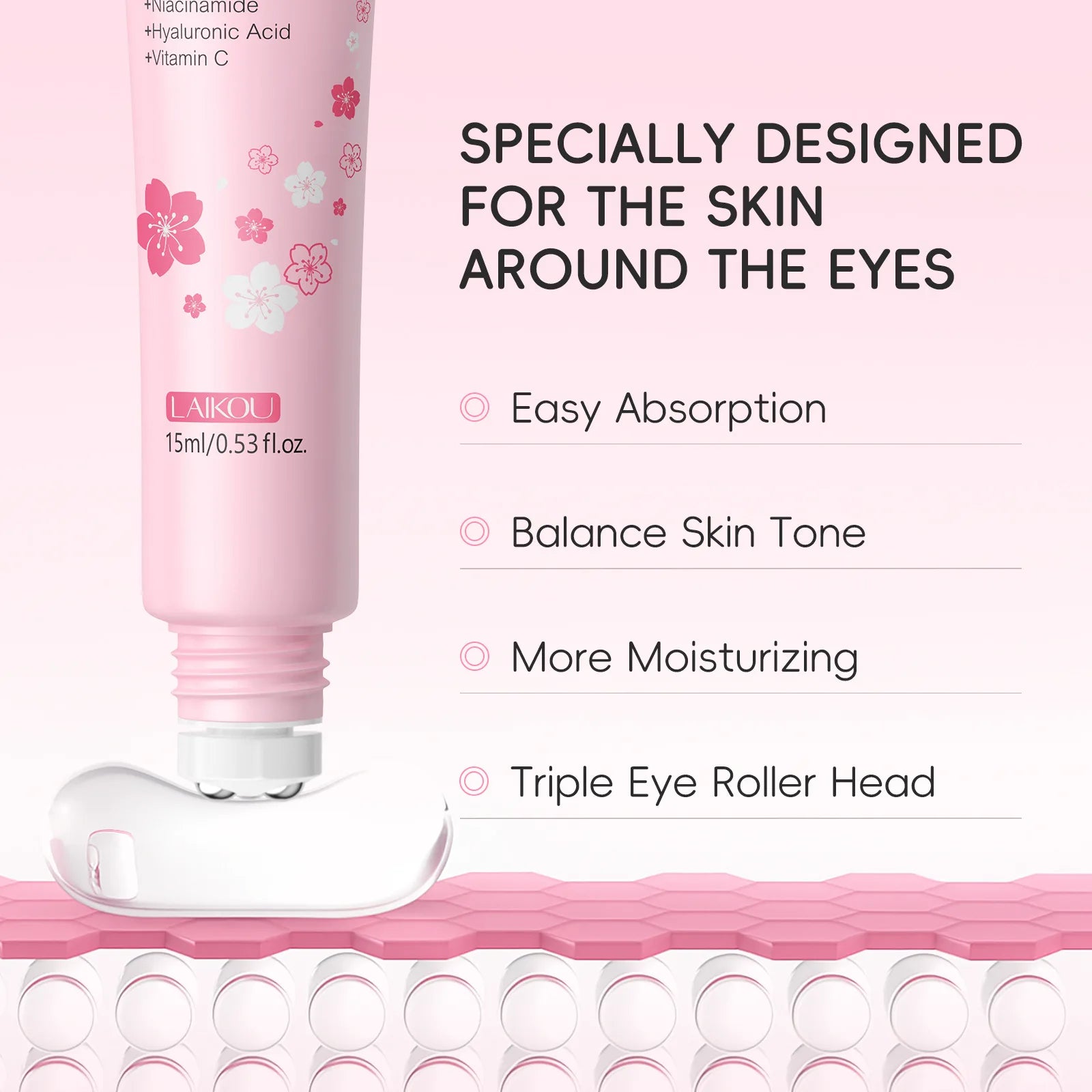LAIKOU Sakura Anti- Wrinkle Eye Cream With Roller Ball Quick Drying Hydrating Hyaluronic Acid Refreshing Eye Serum 15ml