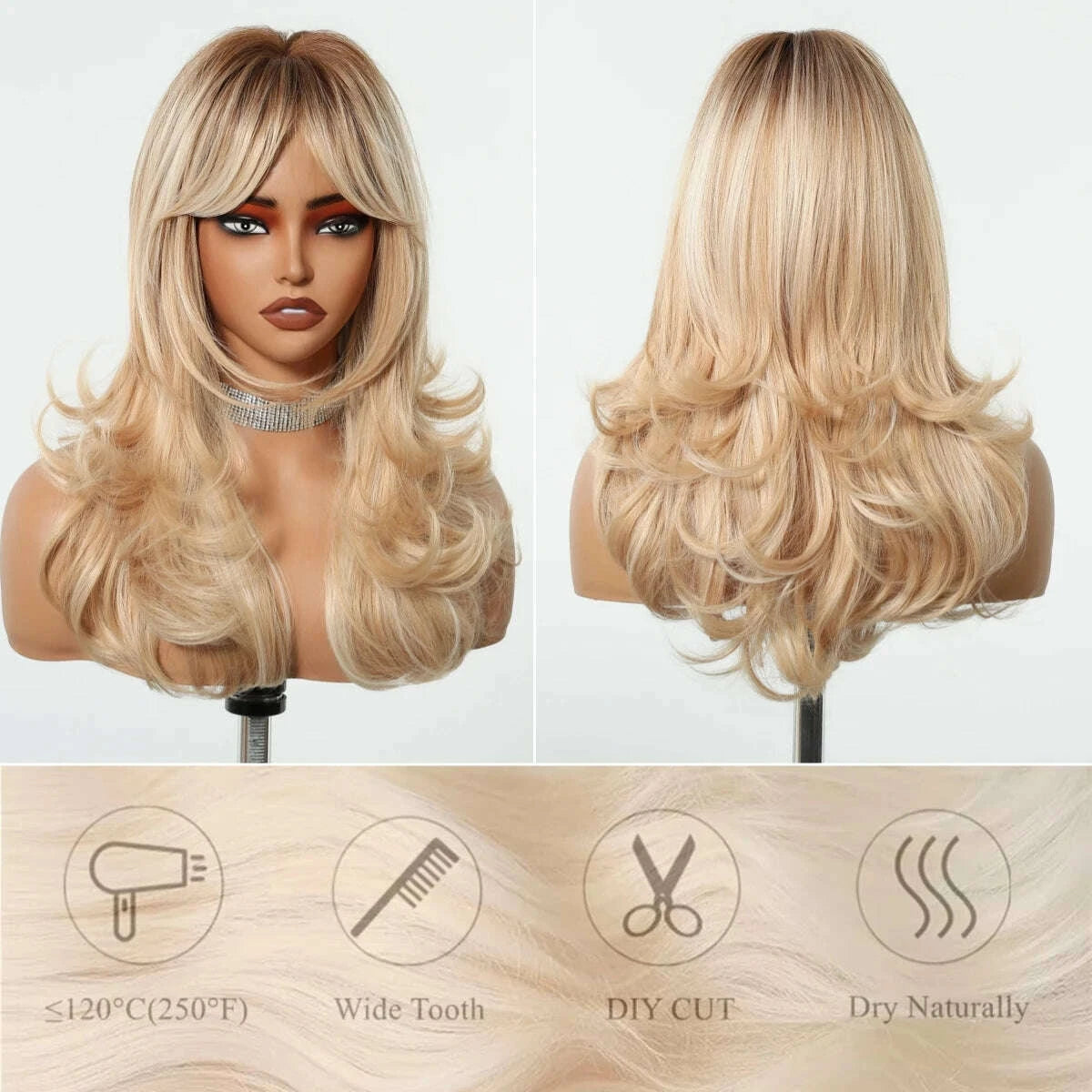 KIMLUD, Golden Blonde Mixed Synthetic Wig Dark Root Wavy Hair With Side Bangs for Women Daily Party Cosplay wig Heat Resistant Fiber, KIMLUD Womens Clothes