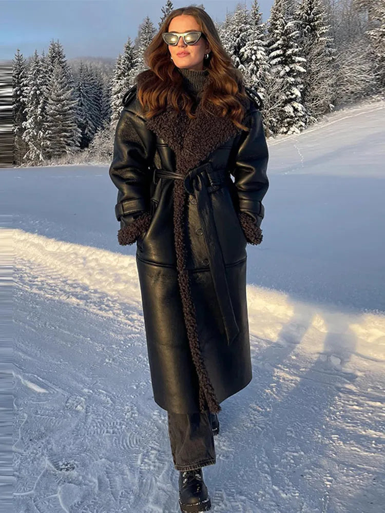 Vintage Patchwork Fur Leather Coats Women Lapel Lace Up Long Sleeve Thicken Warm Jacket 2025 Winter Lady New Streetwear Overcoat