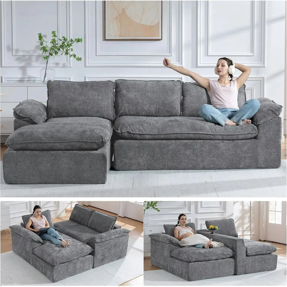 Grey Chenille L-Shaped Sectional Sofa with Deep Seating and Memory Foam, Ready to Use