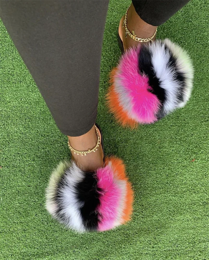 New Arrival Girl Luxury Fluffy Fur Slippers Ladies Indoor Warm Furry Fur Flip Flops Women Amazing Plush Fur Slides Wholesale Hot - KIMLUD