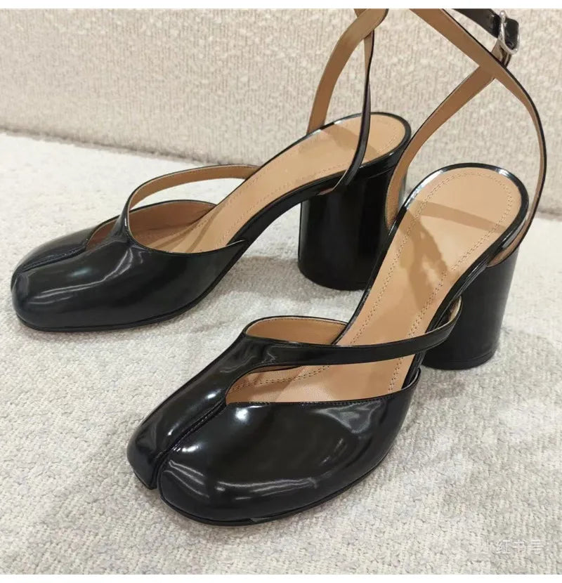 Ins style Fashion Patent Leather Split Toe Women Pumps Spring Summer Thick High heels Slingbacks Female Tabi Chunky Casual Shoes