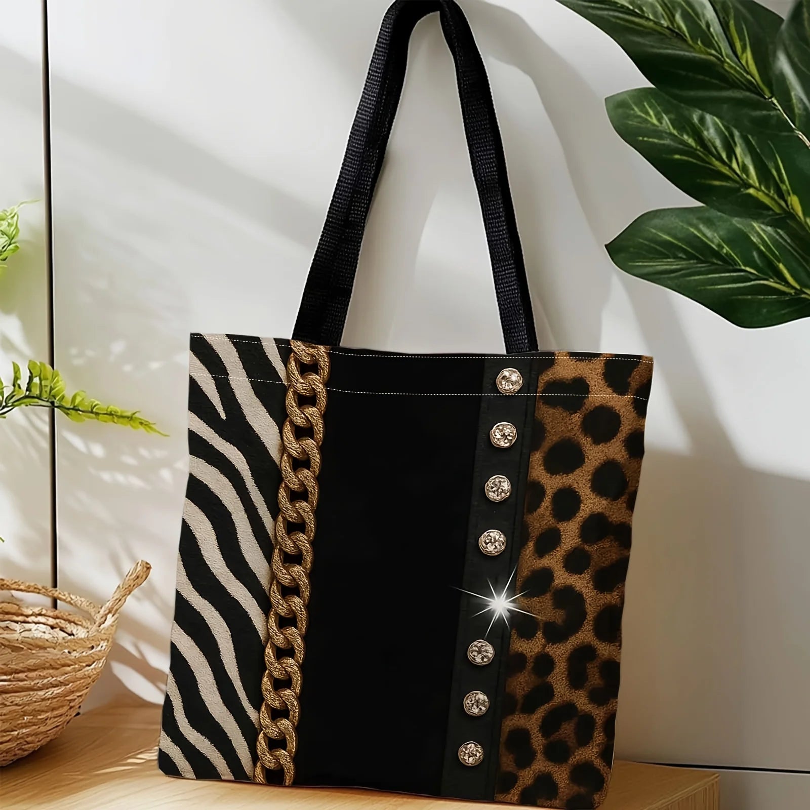 Shopping Bags Durable Polyester Gold Chain — Leopard Print | KIMLUD