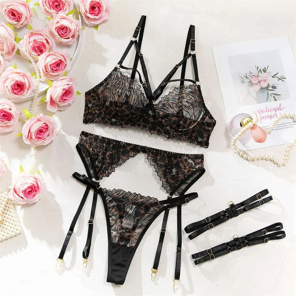KIMLUD, Krasapt Fancy Leopard Embroidery Lingerie 4 Pcs Sets Sexy Mesh See Through Bras And Thongs Garter Suits Erotic Intimate Outfit, KIMLUD Womens Clothes
