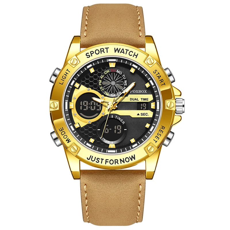 LIGE New Electronic Watches for Men Leather Men Military Sport Waterproof Dual Display Watch Quartz WristWatch Chronograph Clock