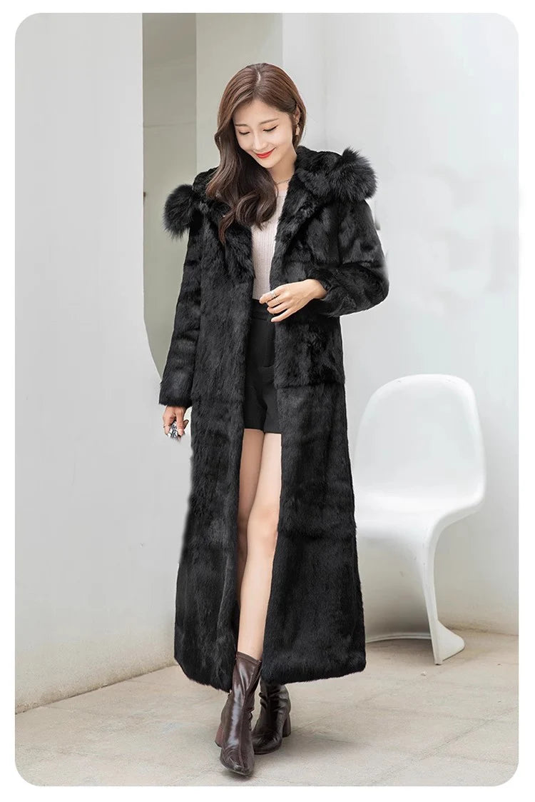Real genuine natural rabbit fur coat with fox fur hood women's X-long fashion warm jacket