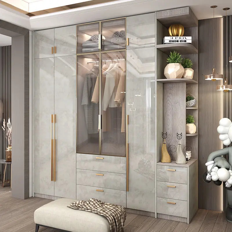 Glass Door Modern Wardrobe With Ample Storage And Brass Hardware — Pale Gray | KIMLUD