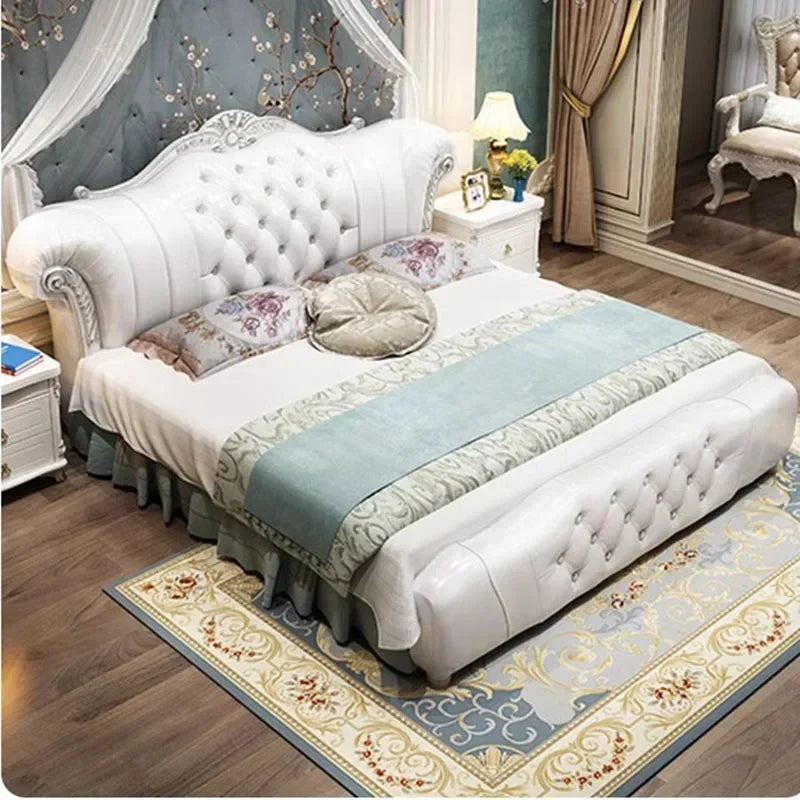 Wood Modern Leather Bed European Style With Contoured Frame And Plush Upholstery — Cream Ivory | KIMLUD