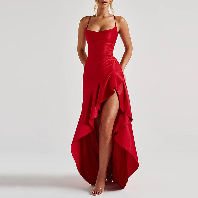 Banquet Luxury Irregular Solid Prom Gown Temperament High Waist Sleeveless Satin Dress Sexy Off Shoulder Slim Halter Long Robes