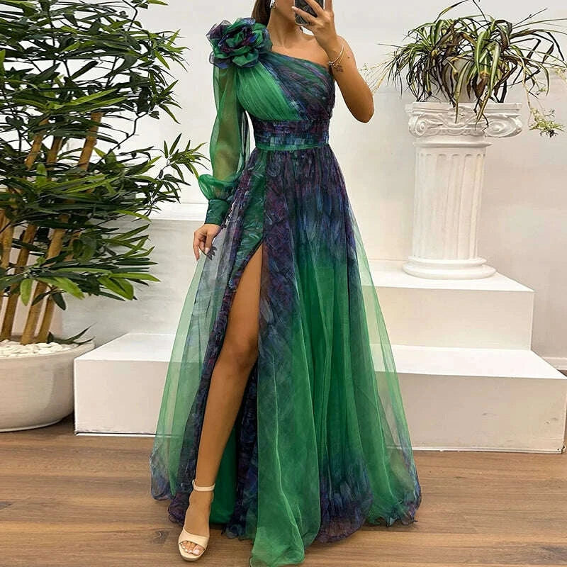 one shoulder long sleeve dress pattern One Shoulder Flare Sleeve Maxi Dress Sewing Pattern XS-3XL Pattern