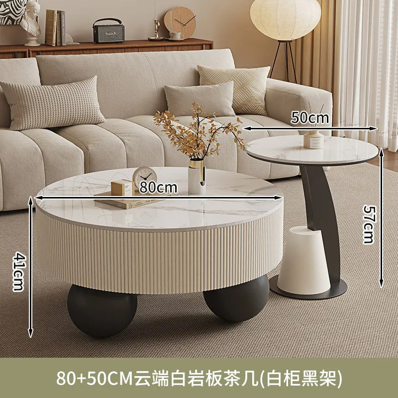Minimalist Round Coffee Table With Storage Drawers — Ivory White | KIMLUD