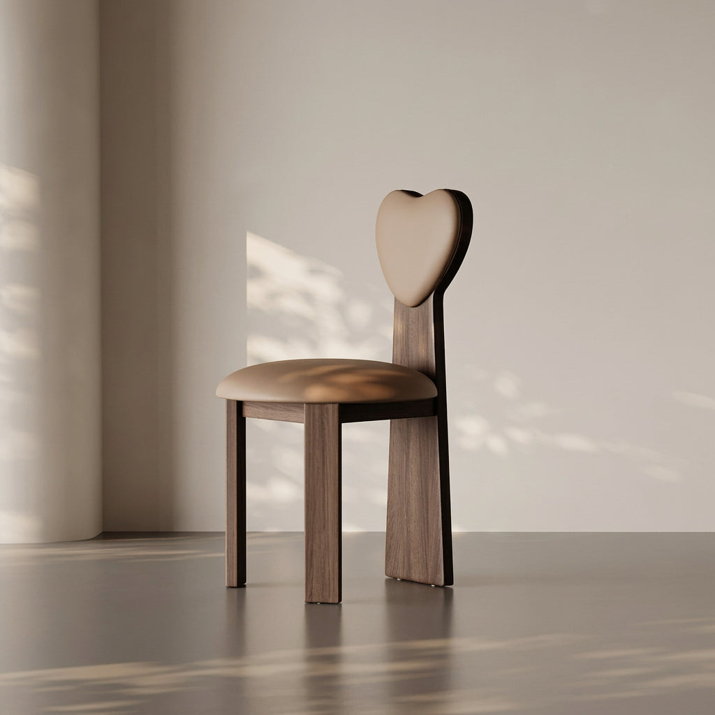 Wooden chair with heart-shaped backrest on a neutral background, featuring MEACHAIR branding.