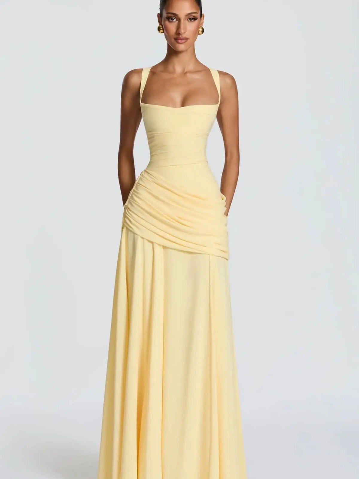 Evening Dress - Spaghetti Strap - A-Line Silhouette - Yellow | KIMLUD