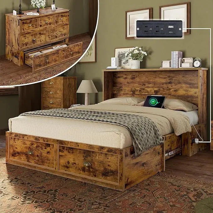 Queen Size Murphy Bed, Farmhouse Wooden Cabinet with Charging Station and Storage Drawer for Bedroom/Office/Guest Room,
