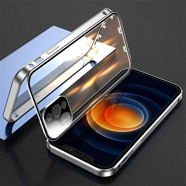 360 Full Protection Metal Magnetic Double Sided Glass Snap Lock Case For iPhone 17 16 15 14 12 13 Pro Max Lens Protection Cover