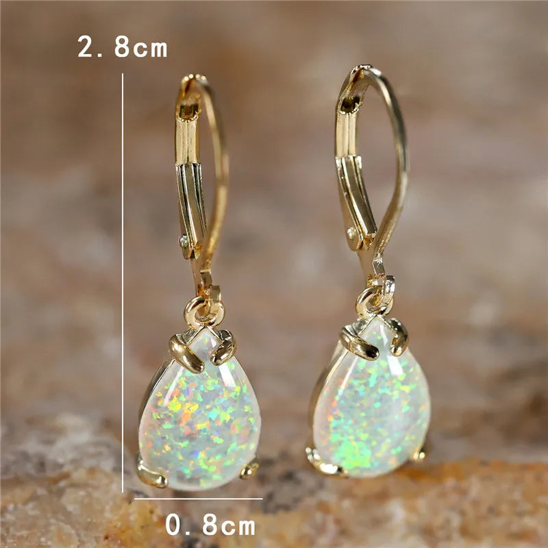 Female White Blue Fire Opal Stone Classic Gold Color Water Drop Earrings Cute Dangle Boho Jewelry For Women