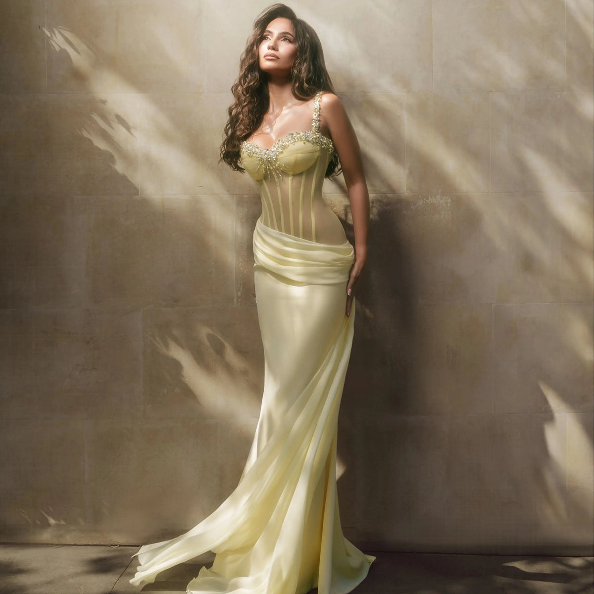 Corset Evening Dress – Illusion Beaded – Satin Train – Butter Yellow | KIMLUD