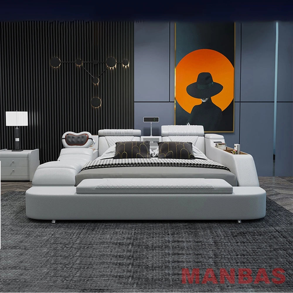 Genuine Leather Bed With Projector USB Speaker — White | KIMLUD