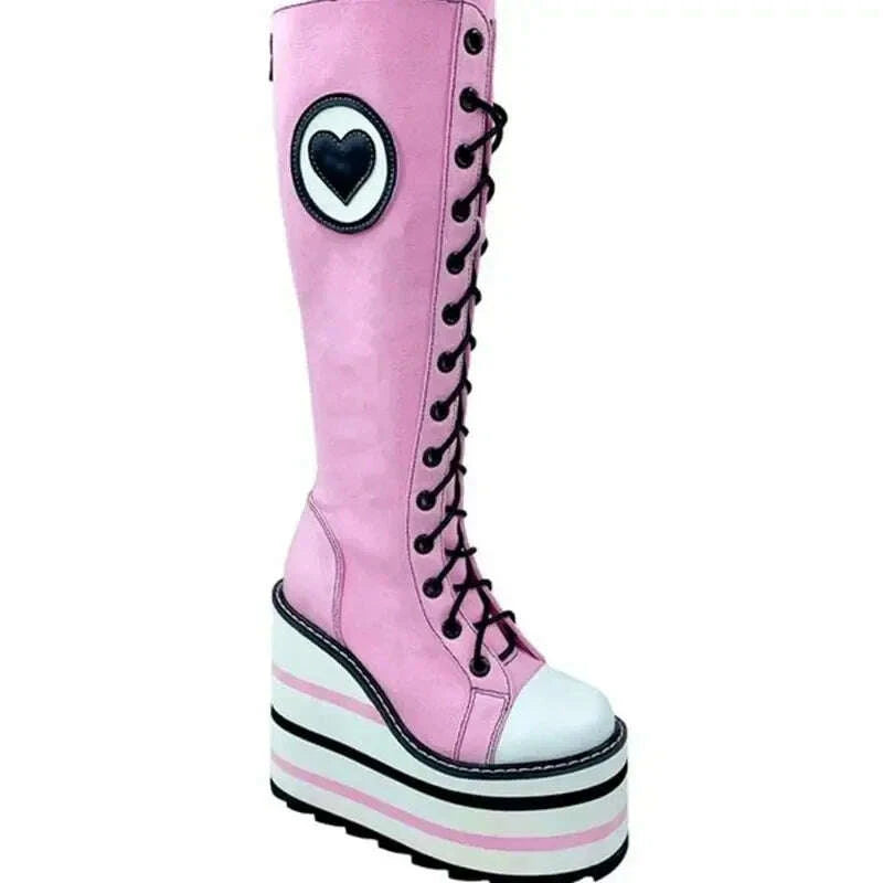 KIMLUD, Canvas red Check Platform Knee high Boots Women Metal Chain Round Toe Wedges Cross Tied Lolita Heighten Shoes Lovely Sexy Boots, KIMLUD Womens Clothes