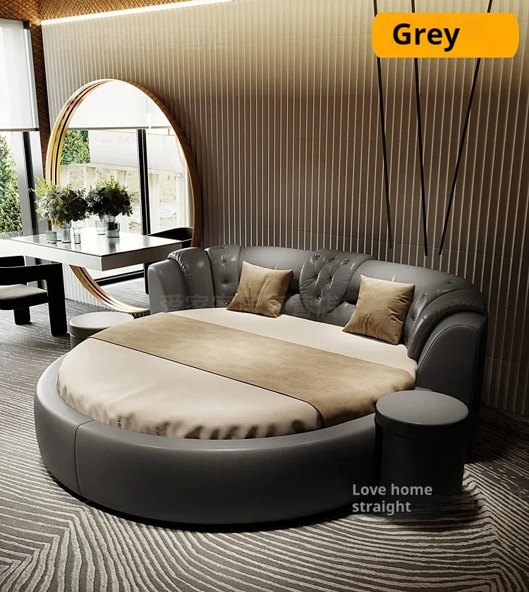 European Style Round Bed Luxury Leather Surface — Ivory White | KIMLUD