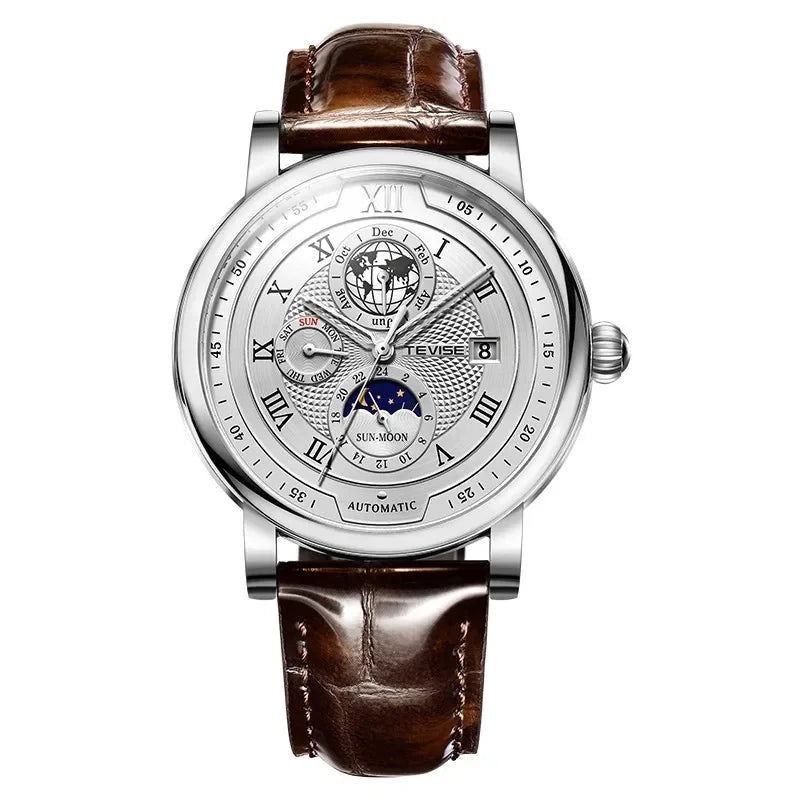 LIGE TEVISE Business Waterproof Mechanical Mens Watches Brand Luxury Leather Strap Watch for Men Moon Phase Automatic Wristwatch