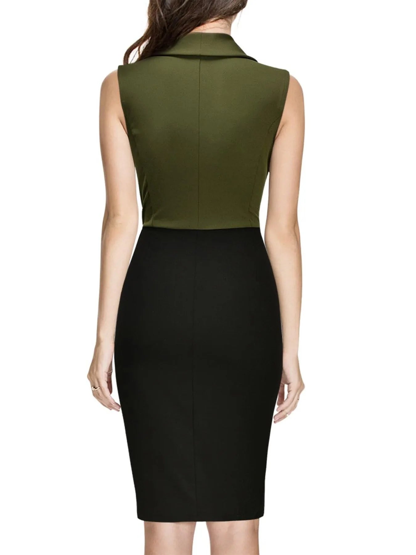 Patchwork Sheath Dress Notched Deep V Sleeveless — Olive Green | KIMLUD