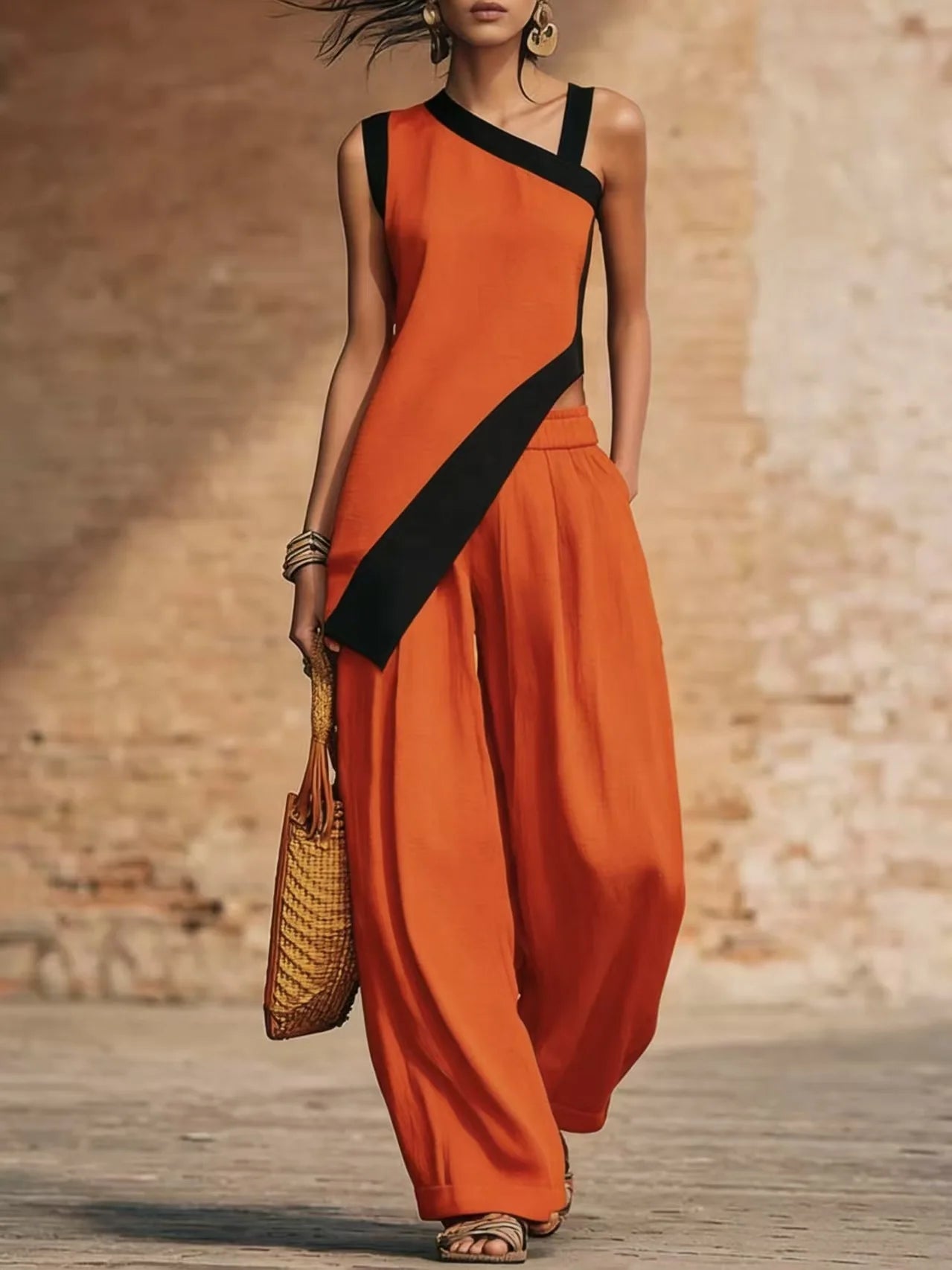Wide Leg Color Block Pants And Top Set — Black | KIMLUD
