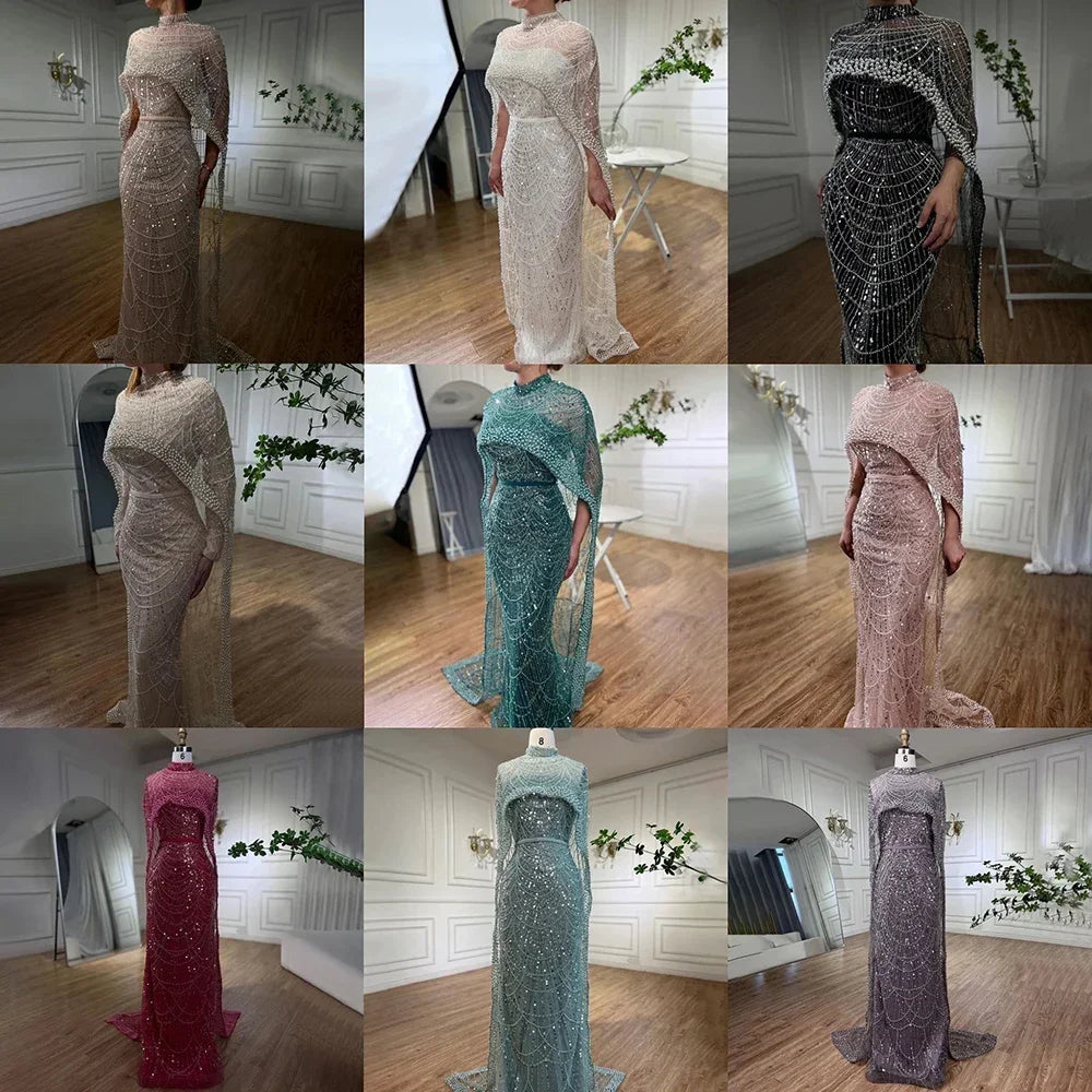 Beaded Gown With Mermaid Cape — Dubai Nude | KIMLUD